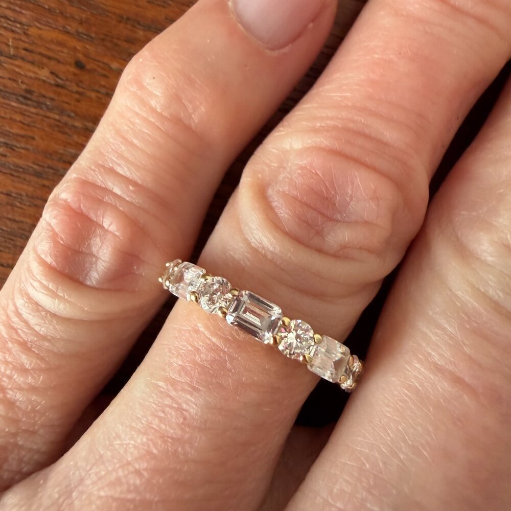 Gold Over 925 Sterling Silver CZ Emerald & Round Cut Band Ring - 5